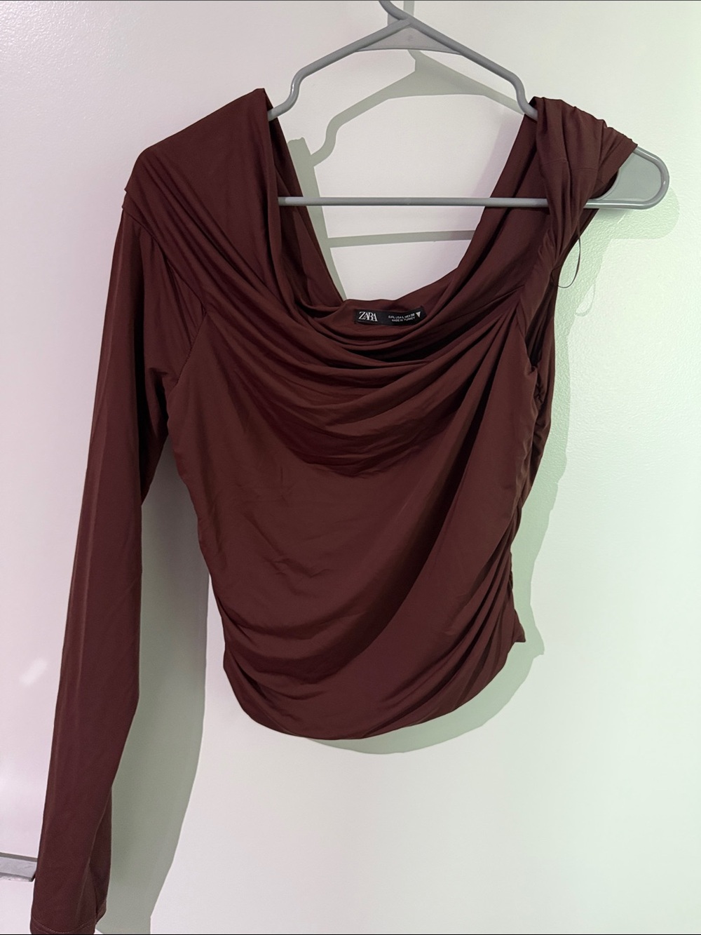 Zara Women's Deep Burgundy Draped Long Sleeve Top